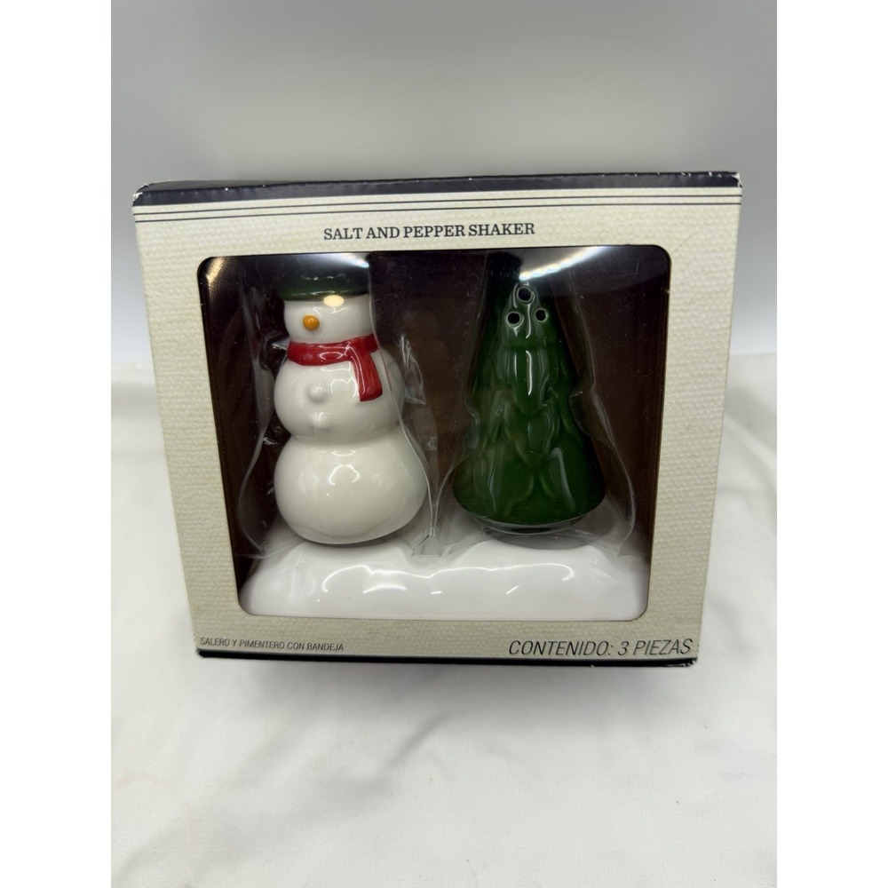 Bee & Willow Winter Snowman Salt & Pepper Shaker w/ Tray 3 Piece Set Tree Snow